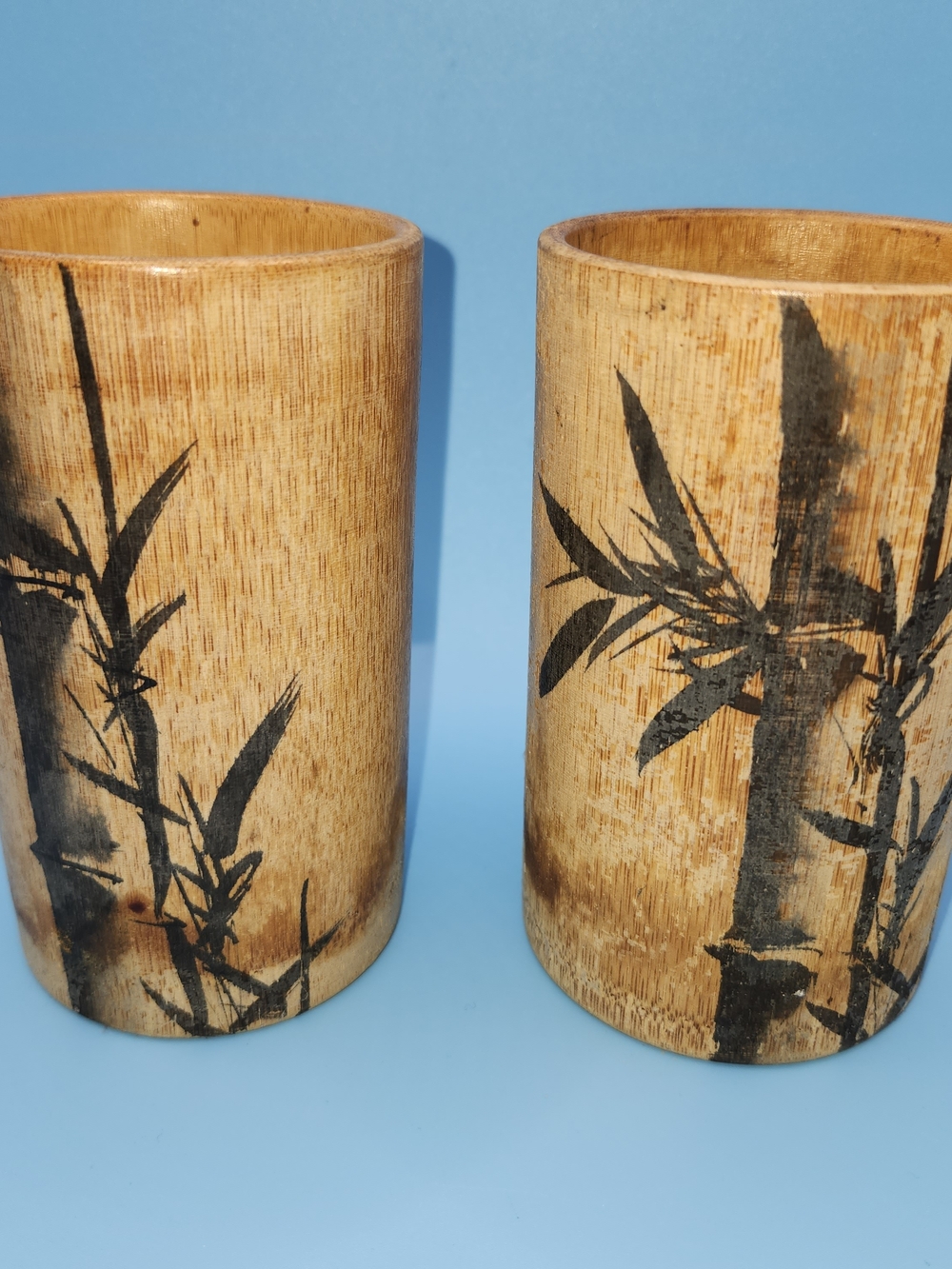Vintage Japanese Hand Painted Sumi e Natural Bamboo Cups Set of 2 Tiki Glasses